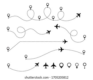 Airplane routes set. Plane paths. Aircraft tracking, planes, travel, map pins, location pins. Vector illustration