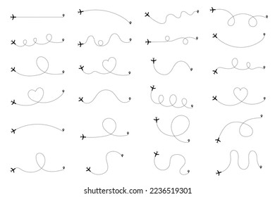 Airplane routes set. Plane paths. Set of dotted aircraft trajectories. Travel, distance, route concept.