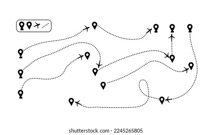 Airplane routes set. Plane paths. Aircraft tracking, map pins, Vector eps trendy file