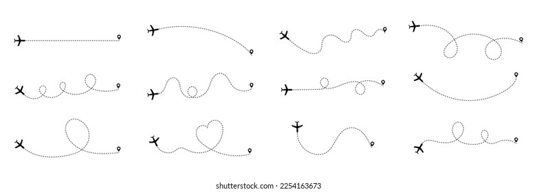 Airplane routes set. Plane paths. Set of dotted aircraft trajectories. Travel, distance, route concept.