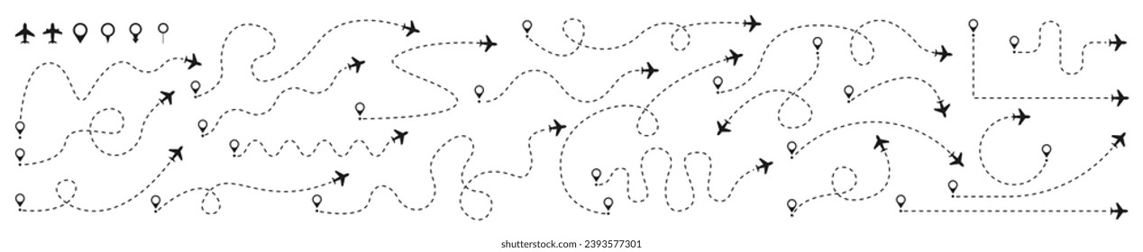 Ruta del avión establecida. Rutas de aterrizaje. Seguimiento de aeronaves, aviones, viajes, pasadores de mapas, pines de localización. Ilustración vectorial.	