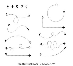 Airplane routes set. Plane paths. Aircraft tracking icon. Travel from start point and dotted line tracing.