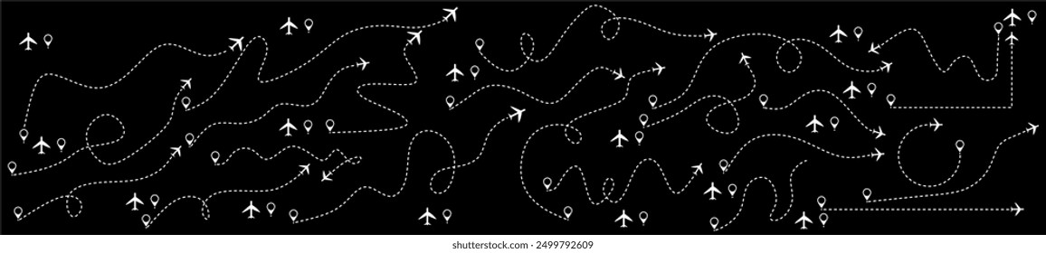 Airplane routes set. Plane paths. Aircraft tracking, planes, travel, map pins, location pins. Vector illustration.black background.