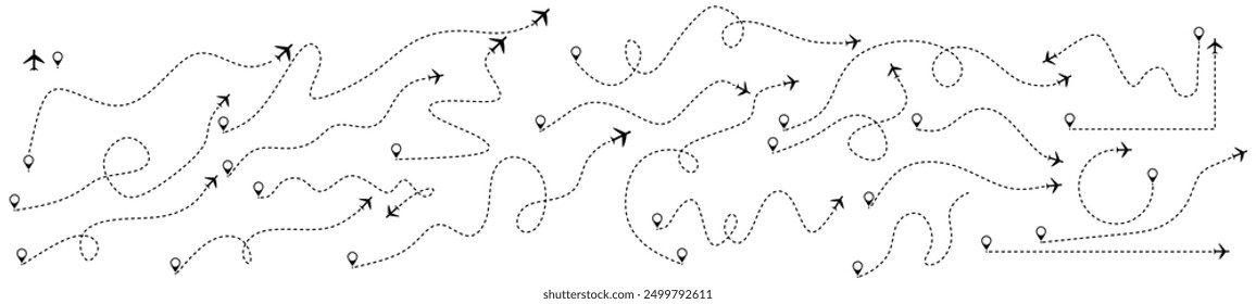 -Airplane routes set. Plane paths. Aircraft tracking, planes, travel, map pins, location pins. Vector illustration.