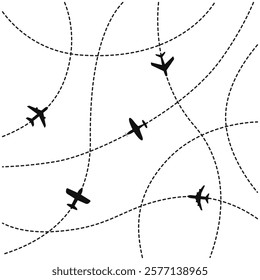 Airplane routes set. Plane paths. Aircraft tracking, planes, travel, map pins, location pins. Vector illustration.