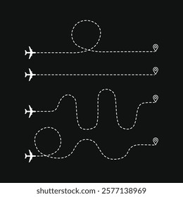 Airplane routes set. Plane paths. Aircraft tracking, planes, travel, map pins, location pins. Vector illustration.