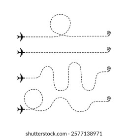 Airplane routes set. Plane paths. Aircraft tracking, planes, travel, map pins, location pins. Vector illustration.