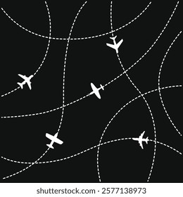 Airplane routes set. Plane paths. Aircraft tracking, planes, travel, map pins, location pins. Vector illustration.