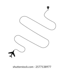 Airplane routes set. Plane paths. Aircraft tracking, planes, travel, map pins, location pins. Vector illustration.