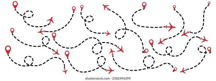 Airplane routes set. Plane paths. Aircraft tracking, planes, travel, map pins, location pins. Plane flight path  set. Airplane flying dotted line. Airplane route icons set eps 888.