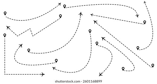 Airplane routes set. Plane paths. Aircraft tracking, planes, travel, map pins, location pins.