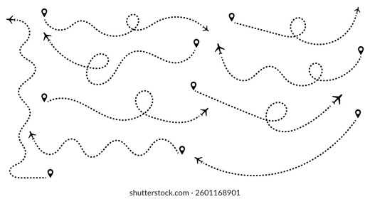 Airplane routes set. Plane paths. Aircraft tracking, planes, travel, map pins, location pins.