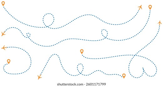 Airplane routes set. Plane paths. Aircraft tracking, planes, travel, map pins, location pins. Vector illustration.