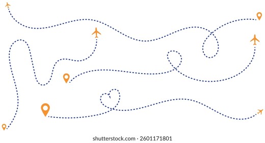 Airplane routes set. Plane paths. Aircraft tracking, planes, travel, map pins, location pins. Vector illustration.