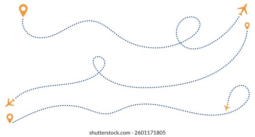 Airplane routes set. Plane paths. Aircraft tracking, planes, travel, map pins, location pins. Vector illustration.