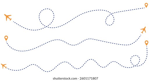 Airplane routes set. Plane paths. Aircraft tracking, planes, travel, map pins, location pins. Vector illustration.