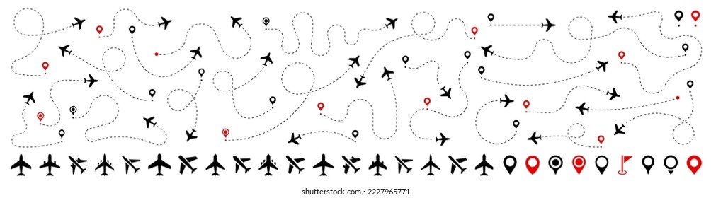 Airplane routes set. Plane route line. Planes dotted flight pathway. Plane paths. Aircraft tracking, planes, travel, map pins, location pins. Romantic travel, heart dashed line trace and plane routes.