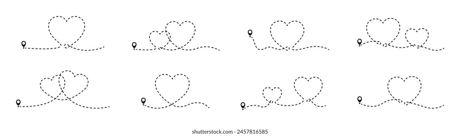 Airplane routes set. Plane route line. Planes dotted flight pathway. Plane paths. Aircraft tracking. Dot line path  travel route. Airplane pathway set.