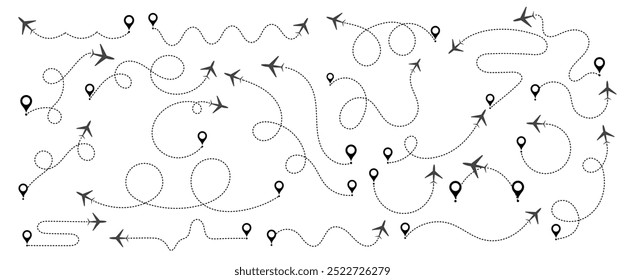 Rotas do avião definidas. Linha de rota do plano. Aviões pontilhados trajetória de voo. Rastreamento de aeronaves, aviões, viagens, pinos de mapa, pinos de localização.  Avião voando linha pontilhada até o destino