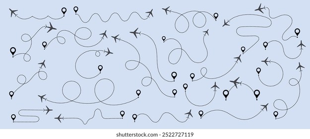 Airplane routes set. Plane route line. Planes dotted flight pathway. Aircraft tracking, planes, travel, map pins, location pins.  Airplane flying dotted line to destination