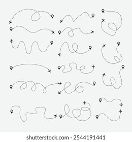 Airplane routes set. Plane route line. Planes dotted flight pathway. Aircraft tracking, planes, travel, map pins, location pins. Airplane flying dotted line to destination