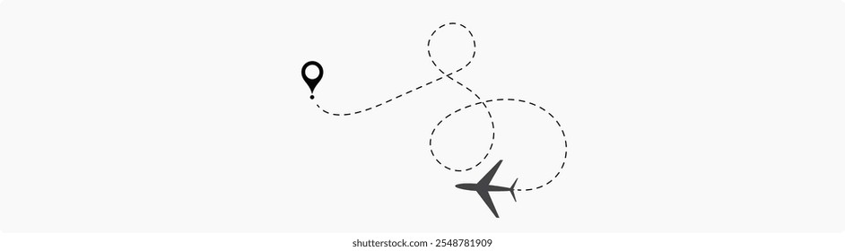 Airplane routes set. Plane route line. Planes dotted flight pathway. Plane paths. Aircraft tracking, planes, travel, map pins, location pins. airplane dotted route path icon vector symbol. 