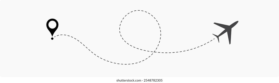 Airplane routes set. Plane route line. Planes dotted flight pathway. Plane paths. Aircraft tracking, planes, travel, map pins, location pins. airplane dotted route path icon vector symbol.