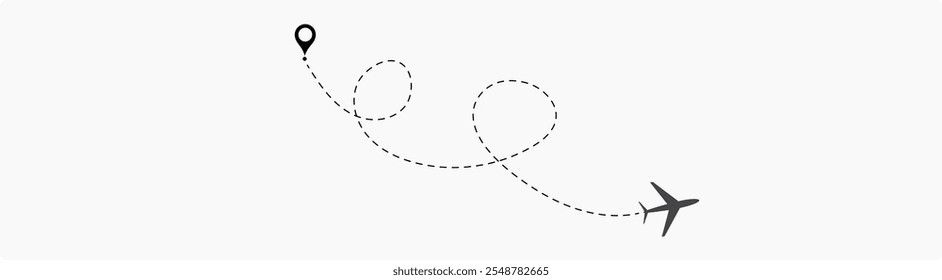 Airplane routes set. Plane route line. Planes dotted flight pathway. Plane paths. Aircraft tracking, planes, travel, map pins, location pins. airplane dotted route path icon vector symbol.