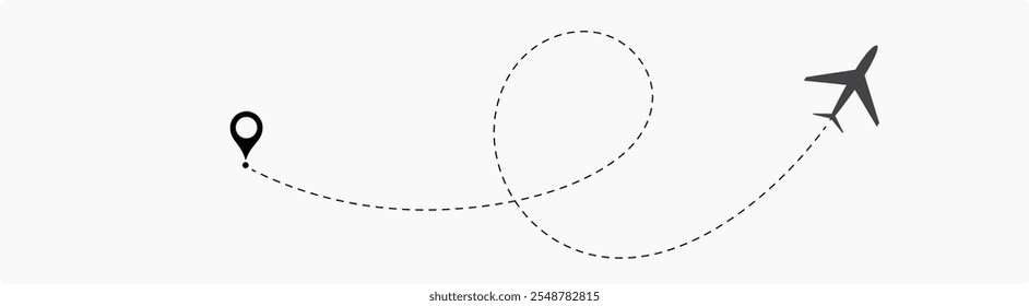 Airplane routes set. Plane route line. Planes dotted flight pathway. Plane paths. Aircraft tracking, planes, travel, map pins, location pins. airplane dotted route path icon vector symbol.