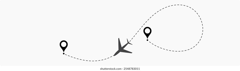 Airplane routes set. Plane route line. Planes dotted flight pathway. Plane paths. Aircraft tracking, planes, travel, map pins, location pins. airplane dotted route path icon vector symbol.