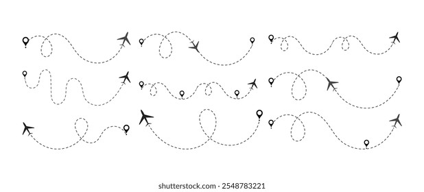 Airplane routes set. Plane route line. Planes dotted flight pathway. Plane paths. Aircraft tracking, planes, travel, map pins, location pins. airplane dotted route path icon vector symbol.