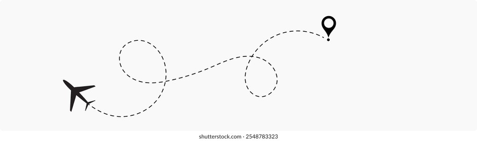 Airplane routes set. Plane route line. Planes dotted flight pathway. Plane paths. Aircraft tracking, planes, travel, map pins, location pins. airplane dotted route path icon vector symbol.