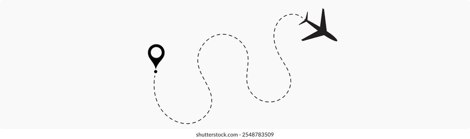 Airplane routes set. Plane route line. Planes dotted flight pathway. Plane paths. Aircraft tracking, planes, travel, map pins, location pins. airplane dotted route path icon vector symbol.