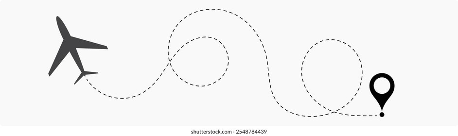 Airplane routes set. Plane route line. Planes dotted flight pathway. Plane paths. Aircraft tracking, planes, travel, map pins, location pins. airplane dotted route path icon vector symbol.