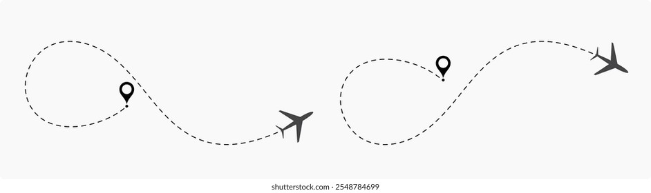 Airplane routes set. Plane route line. Planes dotted flight pathway. Plane paths. Aircraft tracking, planes, travel, map pins, location pins. airplane dotted route path icon vector symbol.