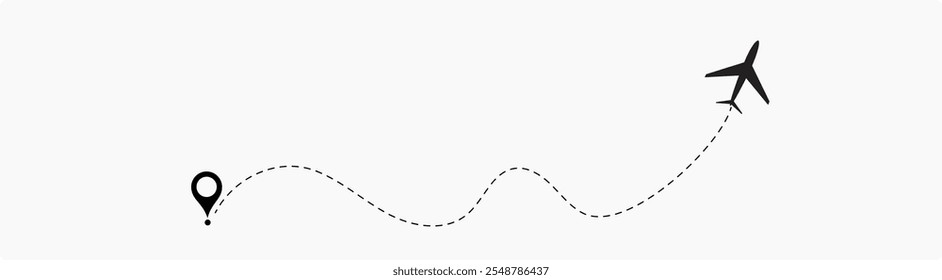 Airplane routes set. Plane route line. Planes dotted flight pathway. Plane paths. Aircraft tracking, planes, travel, map pins, location pins. airplane dotted route path icon vector symbol.