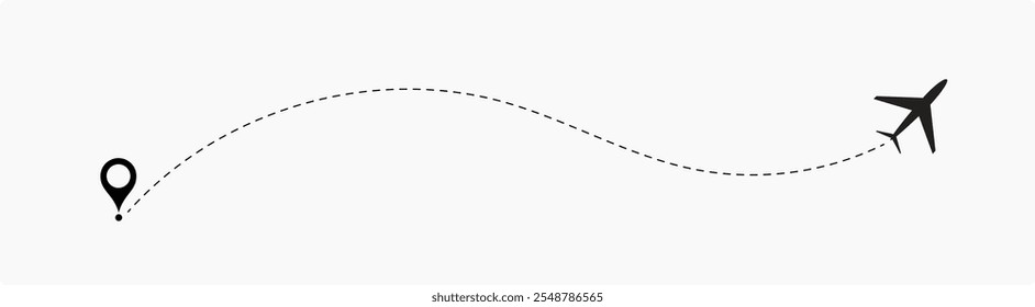 Airplane routes set. Plane route line. Planes dotted flight pathway. Plane paths. Aircraft tracking, planes, travel, map pins, location pins. airplane dotted route path icon vector symbol.