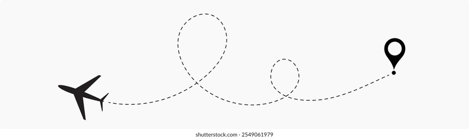 Airplane routes set. Plane route line. Planes dotted flight pathway. Plane paths. Aircraft tracking, planes, travel, map pins, location pins. airplane dotted route path icon vector symbol.