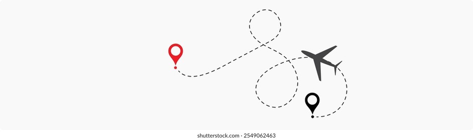 Rotas do avião definidas. Linha de rota do plano. Aviões pontilhados trajetória de voo. Caminhos planos. Rastreamento de aeronaves, aviões, viagens, pinos de mapa, pinos de localização. símbolo vetorial de ícone de rota pontilhada de avião.