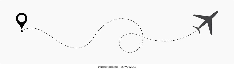 Airplane routes set. Plane route line. Planes dotted flight pathway. Plane paths. Aircraft tracking, planes, travel, map pins, location pins. airplane dotted route path icon vector symbol.