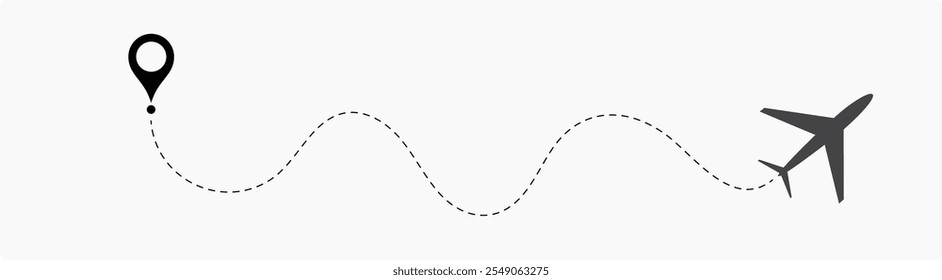 Airplane routes set. Plane route line. Planes dotted flight pathway. Plane paths. Aircraft tracking, planes, travel, map pins, location pins. airplane dotted route path icon vector symbol.