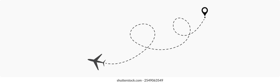 Airplane routes set. Plane route line. Planes dotted flight pathway. Plane paths. Aircraft tracking, planes, travel, map pins, location pins. airplane dotted route path icon vector symbol.