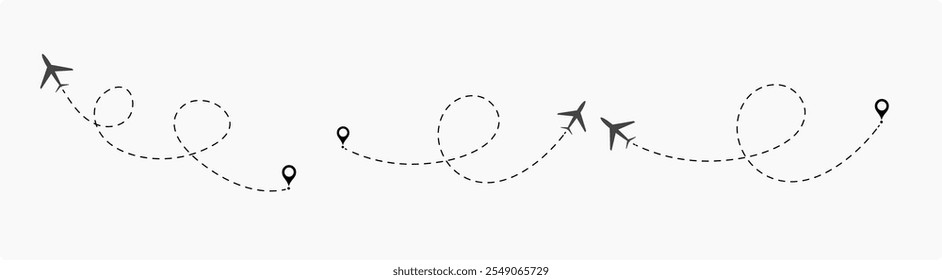 Airplane routes set. Plane route line. Planes dotted flight pathway. Plane paths. Aircraft tracking, planes, travel, map pins, location pins. airplane dotted route path icon vector symbol.