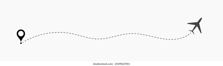 Airplane routes set. Plane route line. Planes dotted flight pathway. Plane paths. Aircraft tracking, planes, travel, map pins, location pins. airplane dotted route path icon vector symbol.