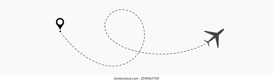 Airplane routes set. Plane route line. Planes dotted flight pathway. Plane paths. Aircraft tracking, planes, travel, map pins, location pins. airplane dotted route path icon vector symbol.