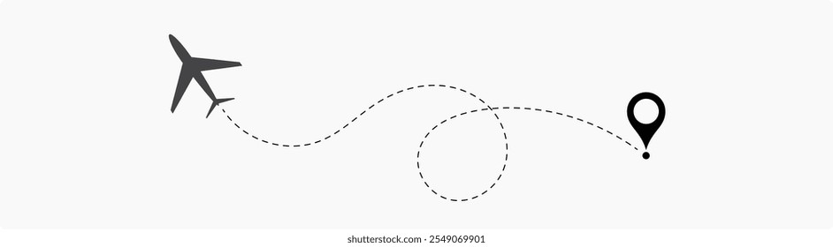 Airplane routes set. Plane route line. Planes dotted flight pathway. Plane paths. Aircraft tracking, planes, travel, map pins, location pins. airplane dotted route path icon vector symbol.