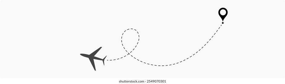 Rotas do avião definidas. Linha de rota do plano. Aviões pontilhados trajetória de voo. Caminhos planos. Rastreamento de aeronaves, aviões, viagens, pinos de mapa, pinos de localização. símbolo vetorial de ícone de rota pontilhada de avião.
