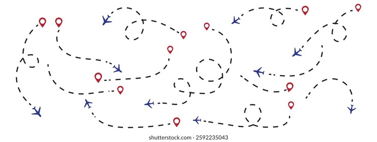 Airplane routes set. Plane route line. Planes dotted flight pathway. Aircraft tracking, planes, travel, map pins, location pins. Airplane flying dotted line to destination. Wonderful variety Design.