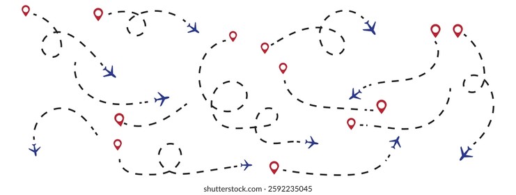 Airplane routes set. Plane route line. Planes dotted flight pathway. Aircraft tracking, planes, travel, map pins, location pins. Airplane flying dotted line to destination. Wonderful variety Design.