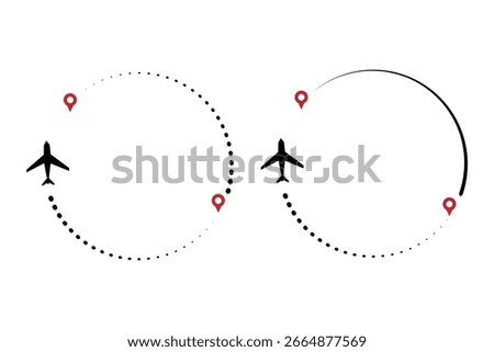 Airplane routes set. Plane route line. Planes dotted flight pathway. Plane paths. Aircraft tracking, planes, travel, map pins, location pins. Romantic